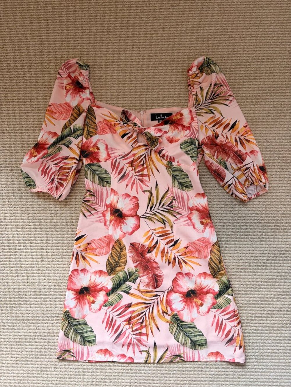 Lulus Pink Tropical Hibiscus Floral Puff Sleeve Mini Dress XS NWT